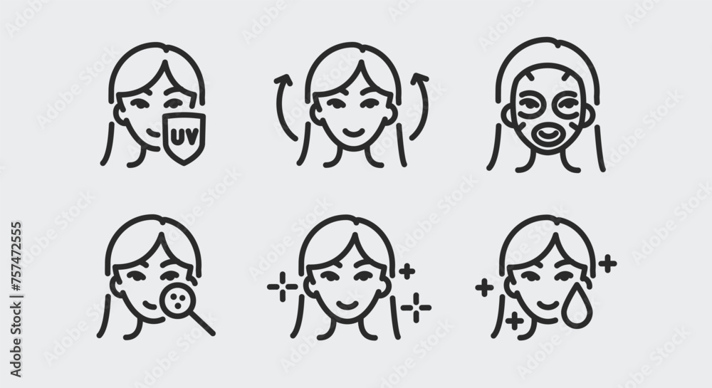 6 black outline icons featuring female faces and skincare elements (UV sign, wrinkle arrows, mask, magnifier, and liquid drop) on a white background. For beauty and care topics. Vector Illustration. 6 black outline icons featuring female faces and skincare elements (UV sign, wrinkle arrows, mask, magnifier, and liquid drop) on a white background. For beauty and care topics. Vector Illustration.