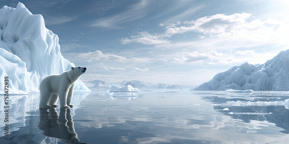 A solitary polar bear stands tall atop an ice floe, embodying the resilience of Arctic wildlife. - obrazy, fototapety, plakaty 