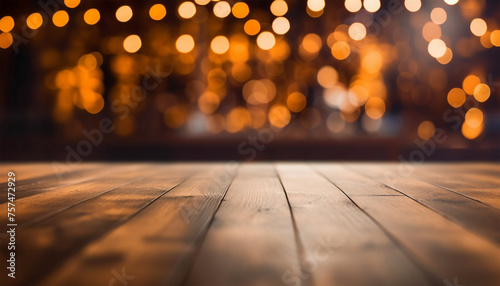 Empty wood table background with bokeh lights on the background, Perspective wood over blur soft particle lights with bokeh light background, Table for product display, Empty wooden counter in blur 