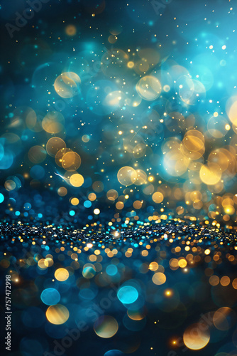 Abstract gold and turquoise blue glitter lights background. Circle blurred bokeh. Festive backdrop for Christmas, St Patrick Day, party, holiday or birthday with copy space