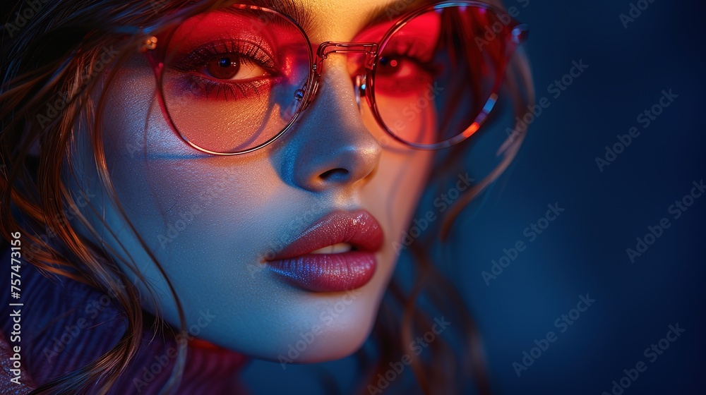 Close-up portrait of a beautiful girl with red lips and red sunglasses.