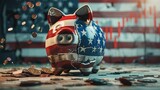 A cracked piggy bank. With skin-tone in the form of an American flag. In the background is a graph of the growth of the US national debt. Cracked savings, growing burden.