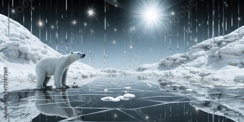 In the vast expanse of the Arctic, a polar bear stands regally on a solitary ice floe, a symbol of strength.
