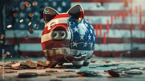A cracked piggy bank. With skin-tone in the form of an American flag. In the background is a graph of the growth of the US national debt. Cracked savings, growing burden. photo