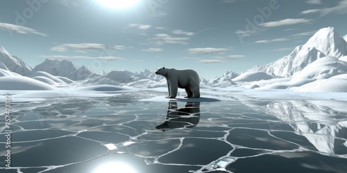 The Arctic silence is broken only by the presence of a polar bear, standing stoically on a floating ice floe.