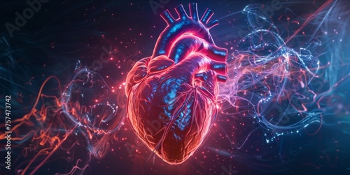 Digital illustration of a human heart with a dynamic, glowing network.