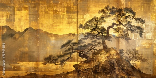 Traditional Japanese folding screen with gold leaf and landscape art. photo