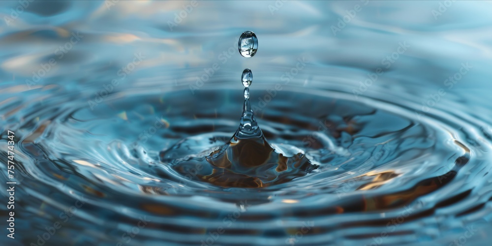 Close up of a water droplet splash on a smooth water surface.