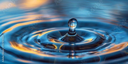 Close up of a water droplet splash on a smooth water surface.