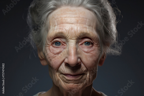 Happy Elderly Caucasian Grandma with Wrinkled Face and Grey Hair, Portrait on Studio Background