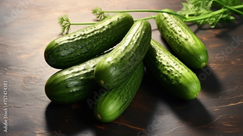 A pile of vibrant cucumbers, a top view on a rustic table, promises a delicious and nutritious feast.