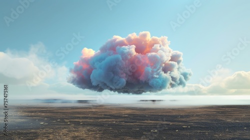 Surreal landscape with a vibrant multi-color cloud floating above a barren terrain. © Archil