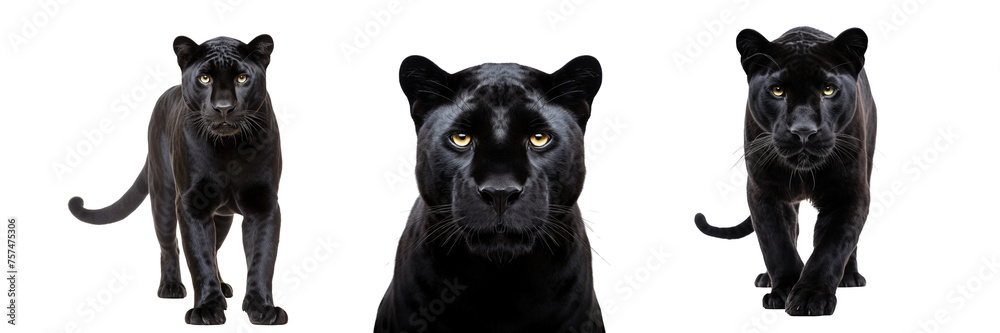 Collection of black panthers isolated on transparent or white background