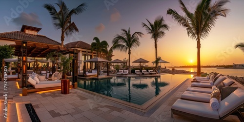 Luxury poolside lounge area at sunset with palm trees. © ParinApril