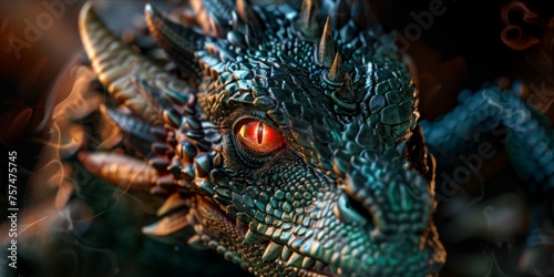 Close up of a detailed dragon model with glowing eyes