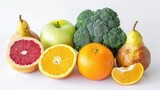 Colorful nutrition: An assortment of apples, pears, oranges, and broccoli on a white background, showcasing vibrant freshness and healthy eating options