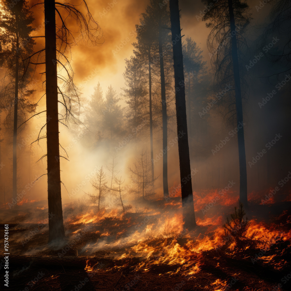 Wildfire burns trees and dried grass in a forest fire disaster - obrazy, fototapety, plakaty 