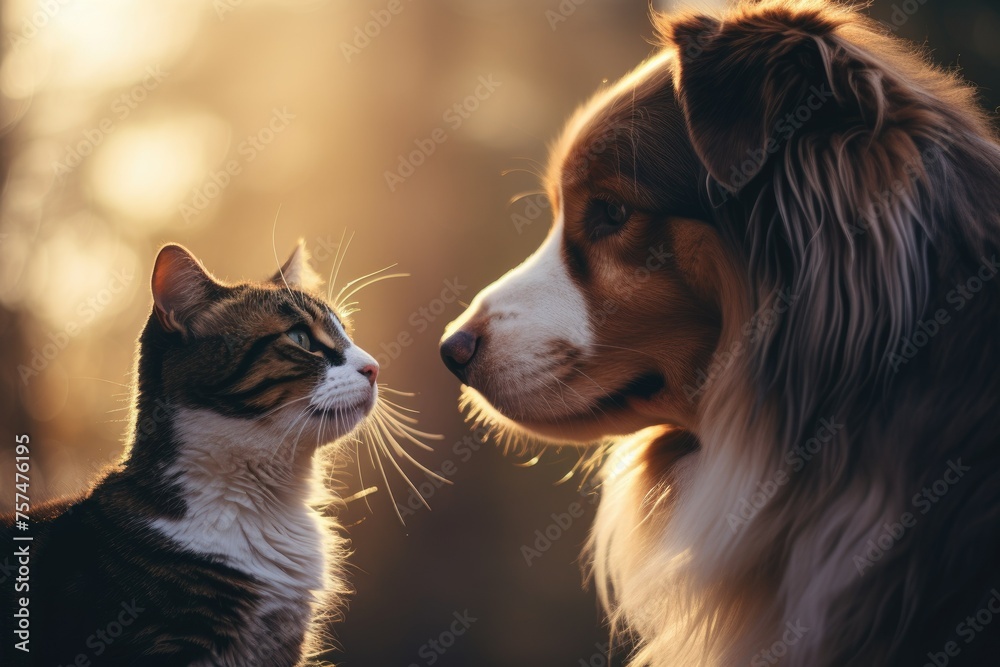 A cat and a dog are standing next to each other, looking at the camera A cat and a dog are standing next to each other, looking at the camera