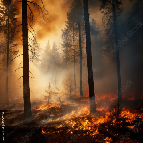 Wildfire burns trees and dried grass in a forest fire disaster