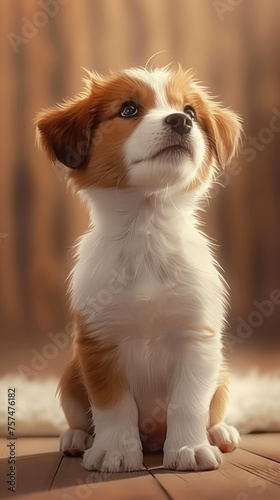 A cute brown and white puppy is sitting on a wooden floor