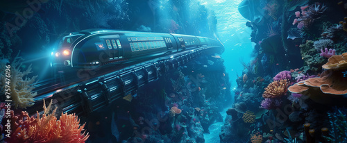 futuristic train moving under the deep ocean, under water colorful coral, fantasy theme