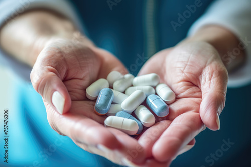 Elderly person holding a handful of capsule medicine pills