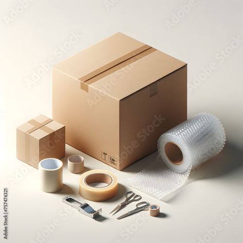 a neatly arranged collection of packing and shipping supplies. There are two cardboard boxes of different sizes with the larger one having its flaps closed