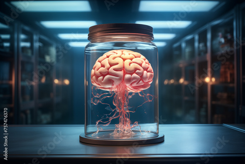 Human brain floating in formaldehyde in a medical laboratory photo