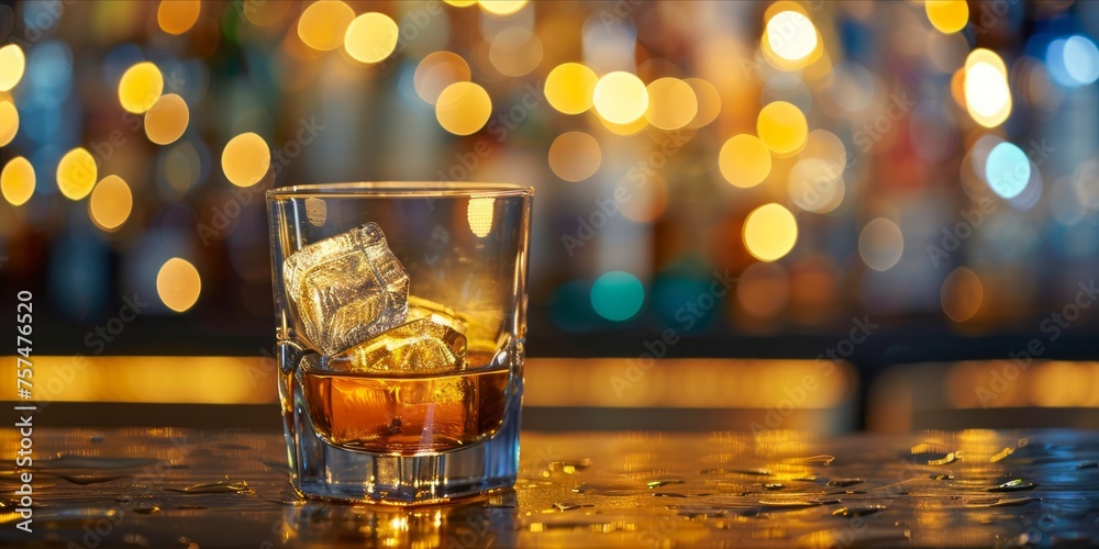 Glass of whiskey with ice on a bar with bokeh lights
