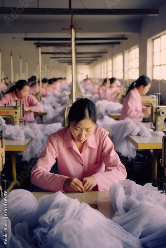 Seamstress works in a garment industry textile factory, sewing clothes © Aevan
