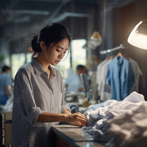 Seamstress works in a garment industry textile factory, sewing clothes