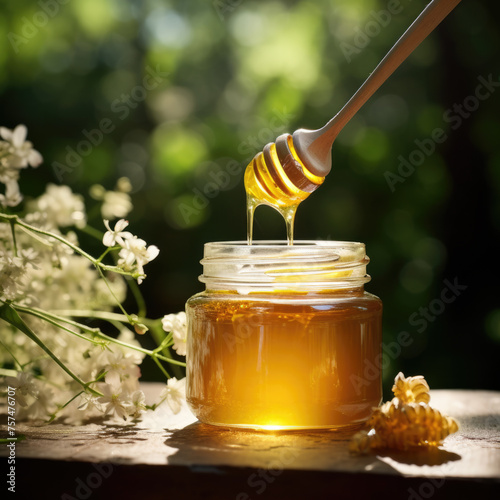 Honey dipper drips into a jar on an outdoor table