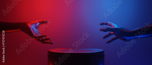 3d illustration rendering of mannequin hand hold  technology futuristic cyberpunk display, gaming scifi stage pedestal background