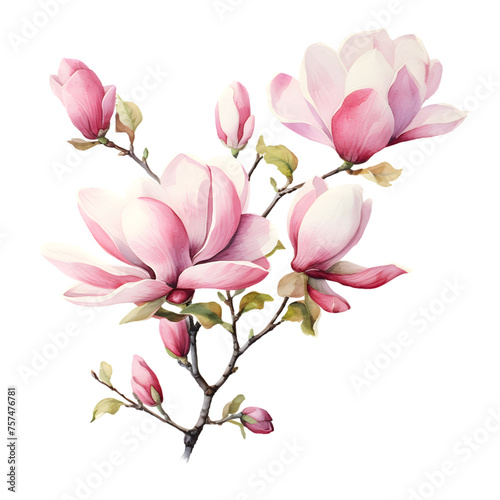 Watercolor beautiful realistic branch of a pink magnolia flowers with leaves  vintage PNG illustration isolated on transparent background. Digital AI generated art