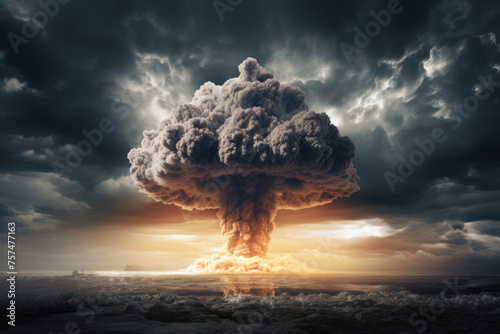 Dark mushroom cloud rises from an atomic bomb weapon explosion photo