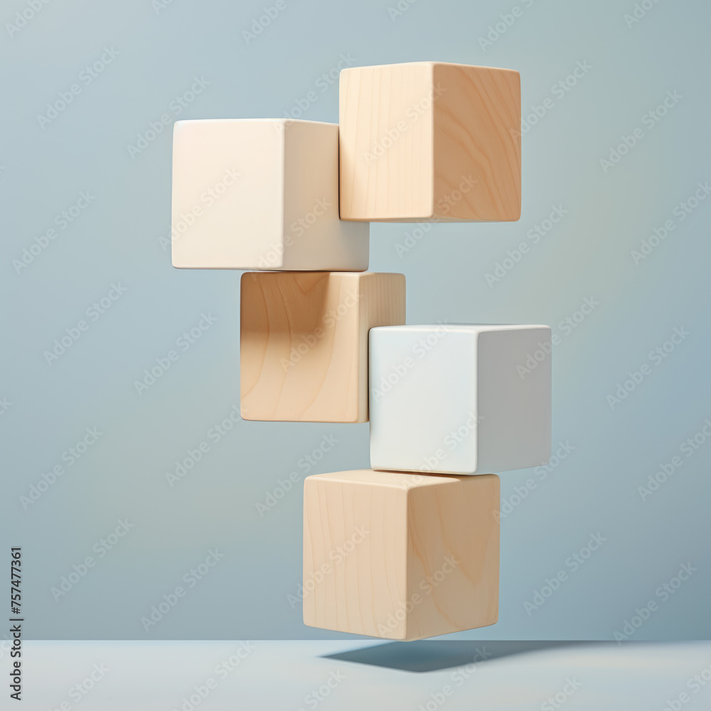Obraz premium Floating wooden blocks on a pastel background design concept