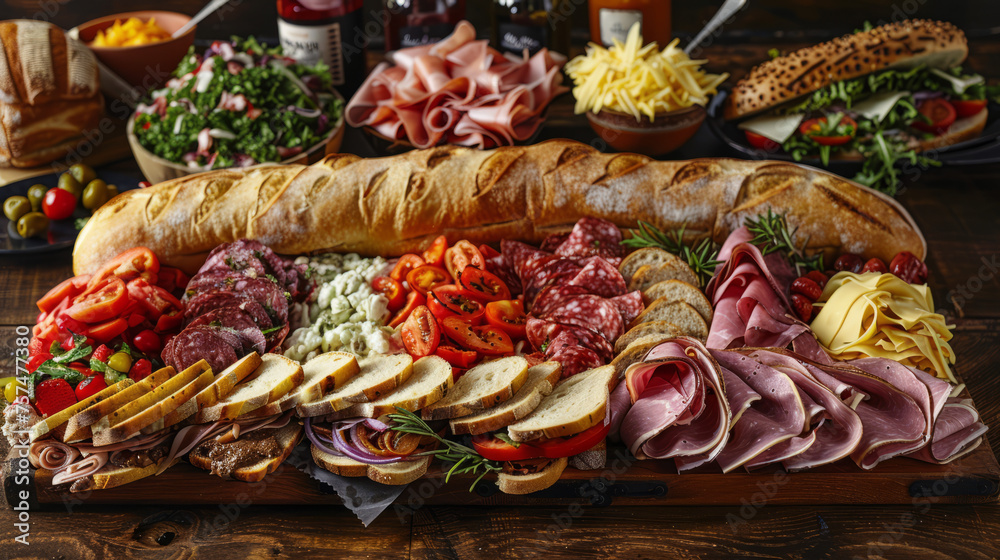 A sumptuous selection of deli meats, cheese, and bread on a rustic wooden board, perfect for a hearty feast A sumptuous selection of deli meats, cheese, and bread on a rustic wooden board, perfect for a hearty feast