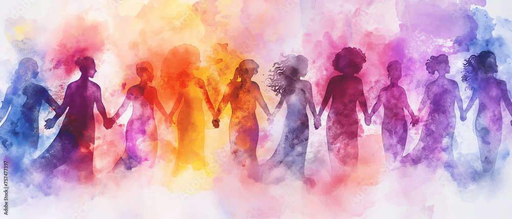 Mulheres unidas arte abstrata colorida em aquarela