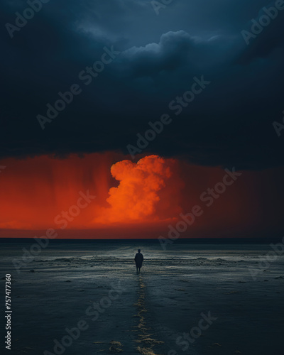 Lone person on the shore of the beach walks under dramatic clouds and sky