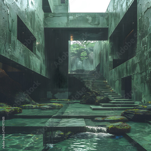 In a dark video game world, a composite material building is depicted with stairs leading up to a pool of water. The scene is like a painting in an actionadventure game photo