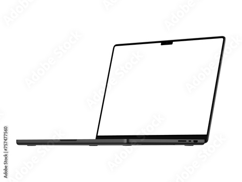 Space Black Macbook mockup in right view with transparent screen for inserting images, isolated on white background, space black body. Whole in focus. Highly detailed.