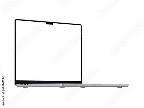 Left View Macbook PNG with transparent screen for inserting images, isolated from background, Silver body. Highly detailed