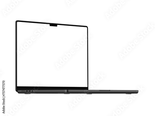 Dark macbook mockup with transparent screen for inserting images, isolated on white background, space black body. Whole in focus. Highly detailed.