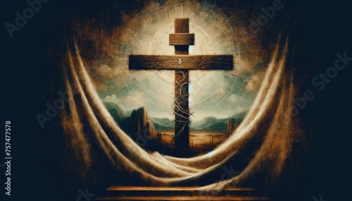 Cross in the sky with rays of light on a grunge background. Digital illustration.