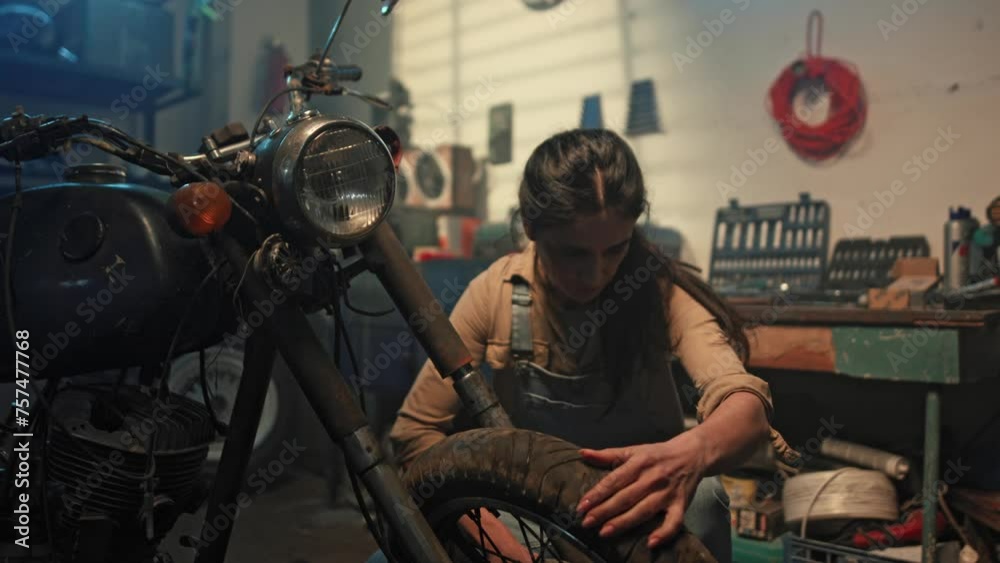 Beautiful female mechanic inspecting vintage motorbike condition in garage. Young woman biker tuning motorcycle in workshop. Retro motorcycle parts. Girl biker lifestyle concept.