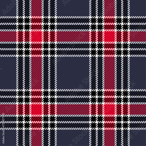 Dark gray, white, black and red color striped lines tartan check seamless plaid pattern background for textile design, napkin, handkerchief, blanket, cover, tablecloth. Vector illustration.