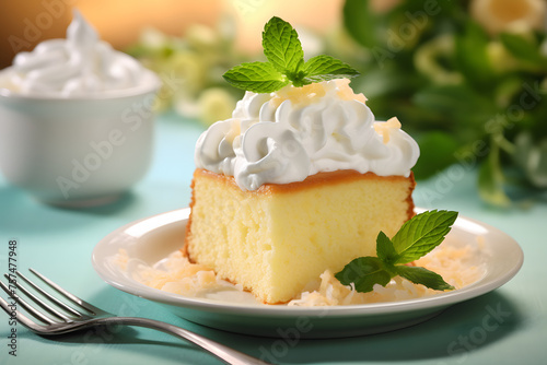 Dive into the divine flavors of Easter with a slice of Tres Leches cake, a classic dessert adorned with three types of milk for  Generative AI,
