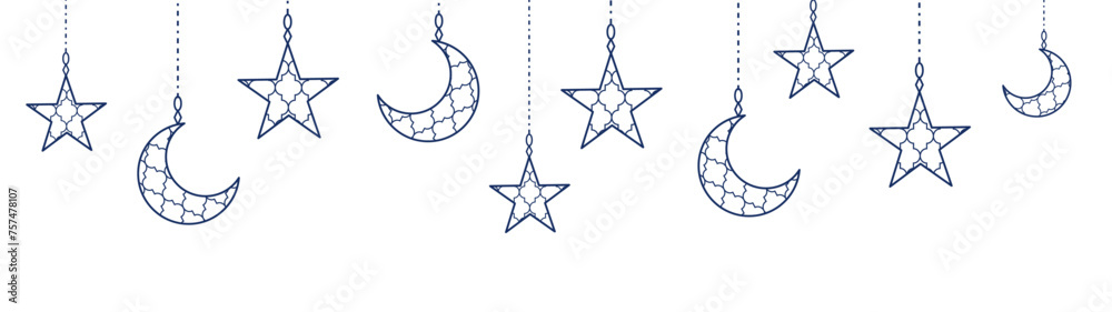 Ramadan line decoration. Hanging crescents, stars. Islamic celebration border. Ramadan line decoration. Hanging crescents, stars. Islamic celebration border.