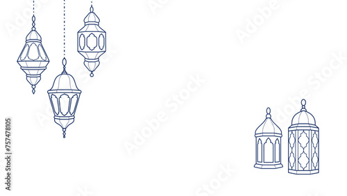 Ramadan lanterns corner decoration. Islamic celebration border. Hanging traditional eastern lamps isolated on white.