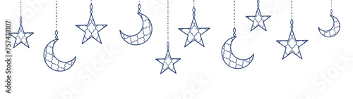 Ramadan line decoration. Hanging crescents, stars. Islamic celebration border.